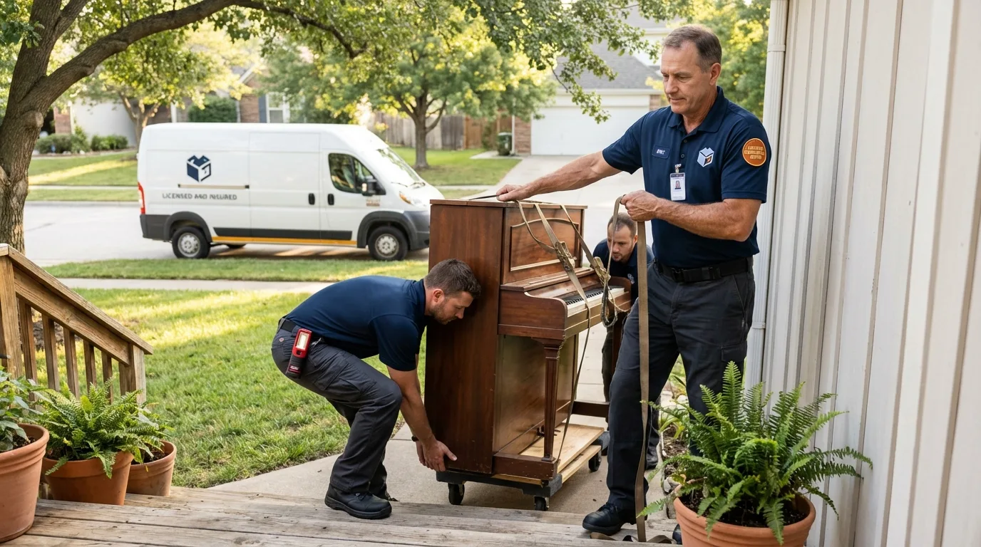 Licensed piano movers securing grand piano in Sanford, FL