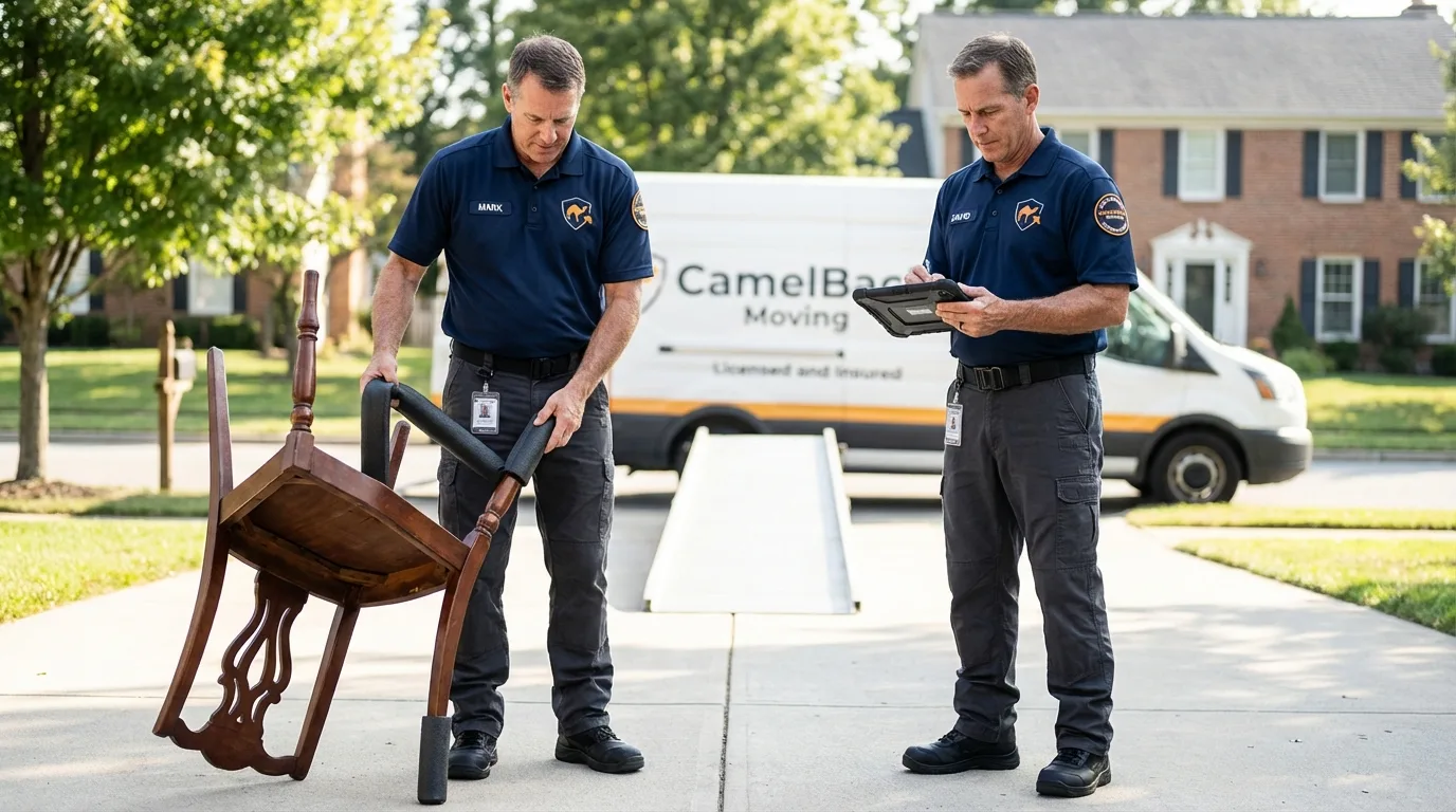 Movers inspecting furniture for damage prevention before loading in Sanford, FL